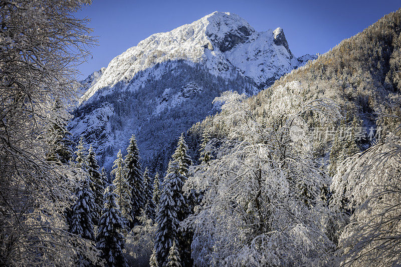 芒格尔特山以上的城镇Bovec, Primorska，朱利安阿尔卑斯。斯洛文尼亚、欧洲